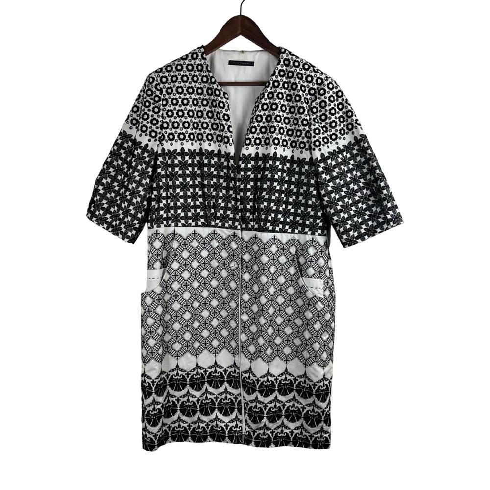 Elie Tahari Black White Geometric Eyelet Cotton Zip Front Coat Dress XL